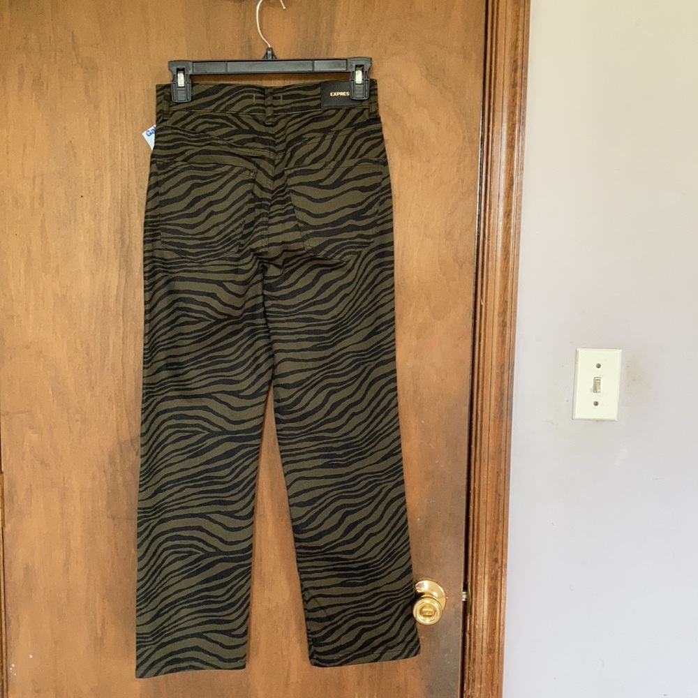 Express super high rise straight olive green black zebra animal print jean 0 - Picture 11 of 16